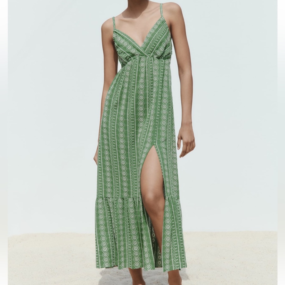 ZARA Embroidered White and Green Dress